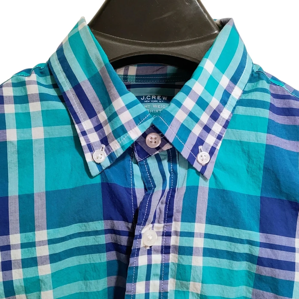 J. Crew Blue and Green Plaid Casual Tagless 100% Cotton Button Down Shirt Size S